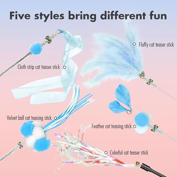 Cat Wand Toys, 5Pcs Interactive Kitten Feather Wand Toys for Bored Indoor Cats, Cat Teaser Wand with Bell and Crinkly Paper, Blue