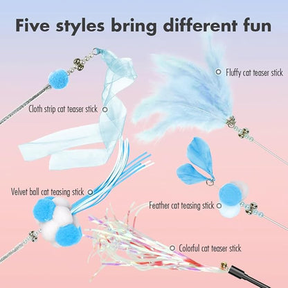 Cat Wand Toys, 5Pcs Interactive Kitten Feather Wand Toys for Bored Indoor Cats, Cat Teaser Wand with Bell and Crinkly Paper, Blue