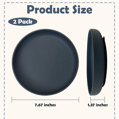 Silicone Dog Bowl Set of 2 Flat Puppy Food & Water Dish Less Mess Cat Dry Food Plates with Suction Cup Non-Tippable Feeding Bowls for Small & Medium-Sized Pets (Round Grey)