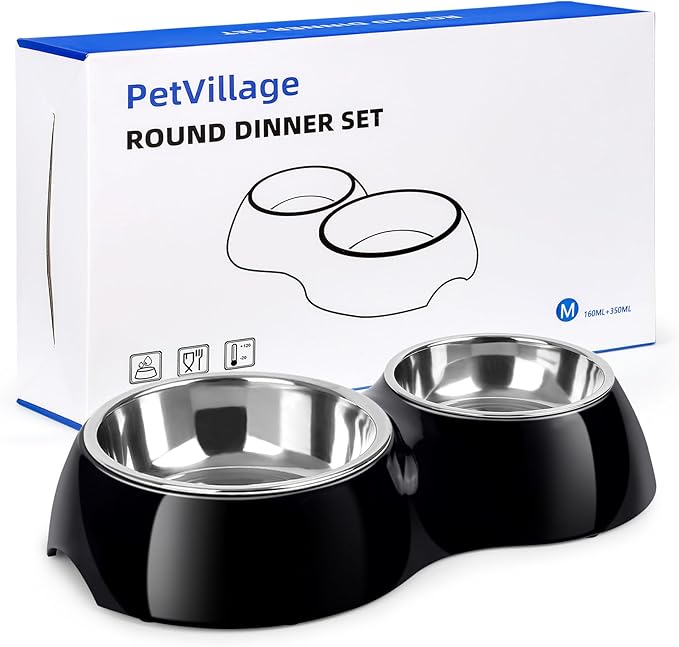 Double Dog Bowls Set – Non-Slip Pet Food & Water Dishes with Resin Stand, Includes Small (1 Cup) & Medium (2 Cups) Bowls – Ideal for Puppies and Cats –Black
