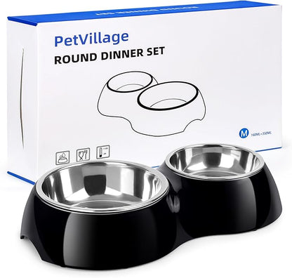 Double Dog Bowls Set – Non-Slip Pet Food & Water Dishes with Resin Stand, Includes Small (1 Cup) & Medium (2 Cups) Bowls – Ideal for Puppies and Cats –Black