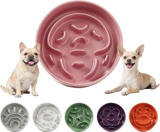 Ceramic Slow Feeder Dog Bowl - Feeding Dish for Fast Eaters - Maze Dog Bowl to Slow Down Eating - Ideal Food Control Dish for Small Breeds - 0.8 Cups (80g) - 6.3 Inch - Pink
