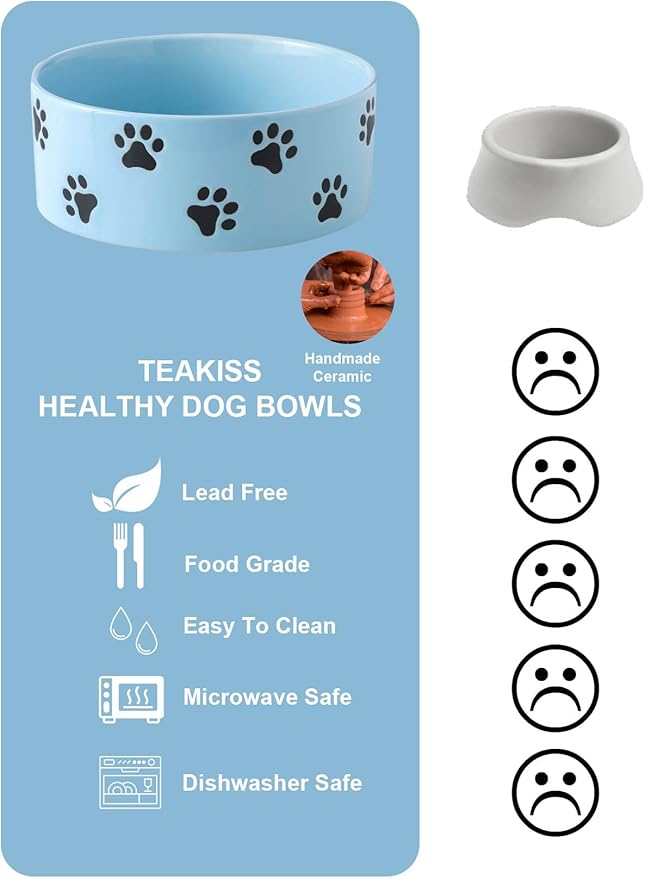 6.5 Inch Blue Ceramic Dog Bowl with Paw Print Pattern - Porcelain Wide Mouth Dog Food or Water Bowls, Large Feeding Pet Bowls for Indoor Medium Sized Dogs, for Wet or Dry Food