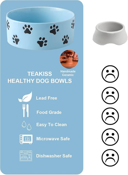 6.5 Inch Blue Ceramic Dog Bowl with Paw Print Pattern - Porcelain Wide Mouth Dog Food or Water Bowls, Large Feeding Pet Bowls for Indoor Medium Sized Dogs, for Wet or Dry Food