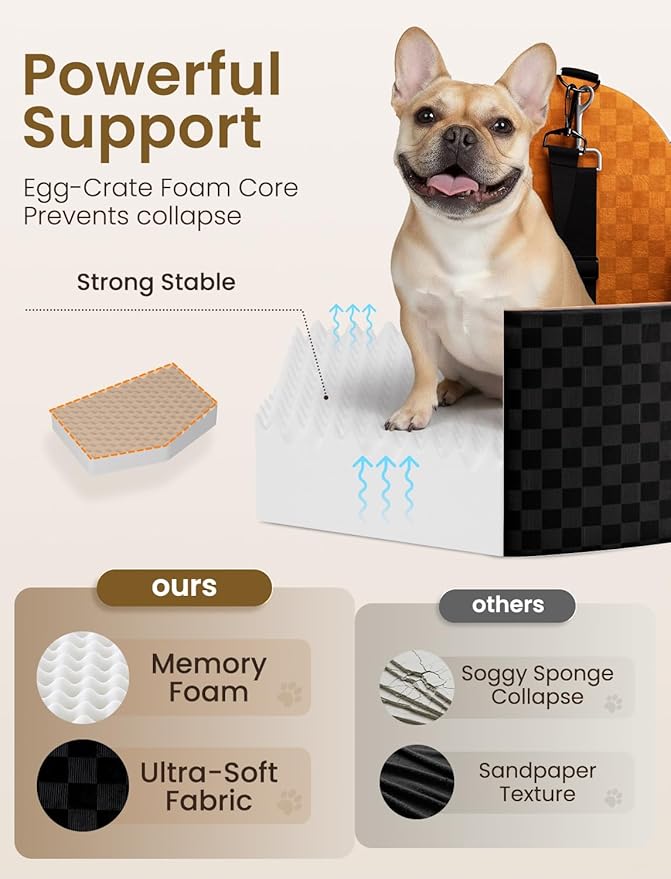 Dog Car Seat for Small/Medium Dogs Up to 35 lbs, Elevated Memory Foam Dog Booster Seat with 2 Safety Belts, Travel Safety Pet Car Seat with Detachable Washable Cover and Storage Pockets (Black/Brown)