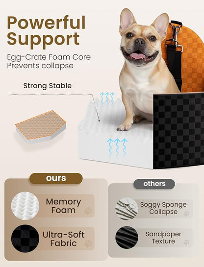Dog Car Seat for Small/Medium Dogs Up to 35 lbs, Elevated Memory Foam Dog Booster Seat with 2 Safety Belts, Travel Safety Pet Car Seat with Detachable Washable Cover and Storage Pockets (Black/Brown)