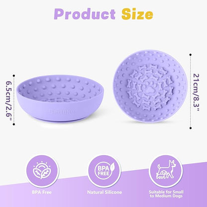 Dog Lick Bowl, Slow Feeder Dog Bowl Licking Mat for Small to Large Dogs, BPA-Free Non-Slip Silicone Slow Feeder Treat Dispenser for Anxiety Relief, Freezer & Dishwasher Safe(Purple, 8.3"x2.6")