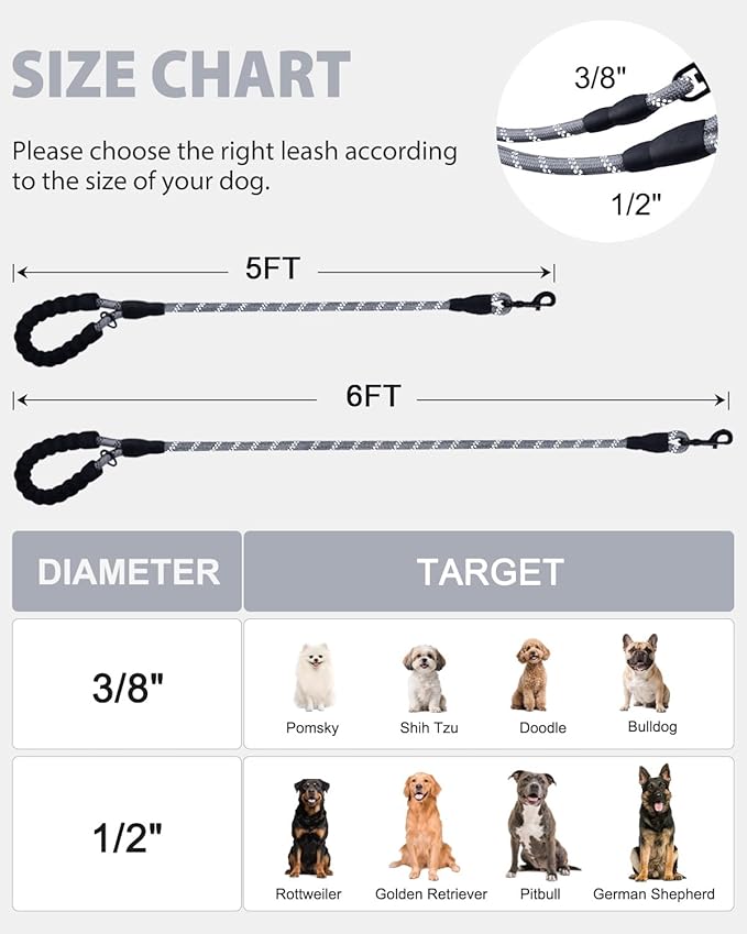 Joytale Dog Leash for Large Dogs, Heavy Duty Nylon Leashes with Comfortable Padded Handle and Highly Reflective Threads, Ideal for Walking and Training, Gray, 6'×1/2''