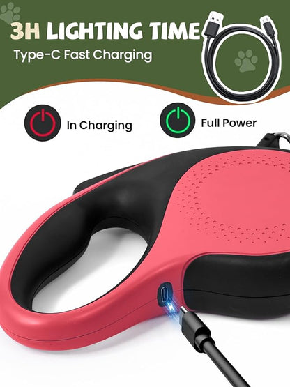 Retractable Dog Leash with Led Light, Douexio 16ft Heavy Duty Dog Leash Retractable for Medium Large Dogs Up to 110lbs,360° Tangle-Free, One-Button Control, High Strength Hook (Red, 66-110lbs)