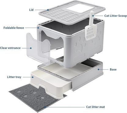 Cat Litter Box with Litter Mat and Scoop, Large Covered Litter Box with Lid, Front Entry Top Exit Kitty Box, Odor Control, Easy to Clean (Grey)