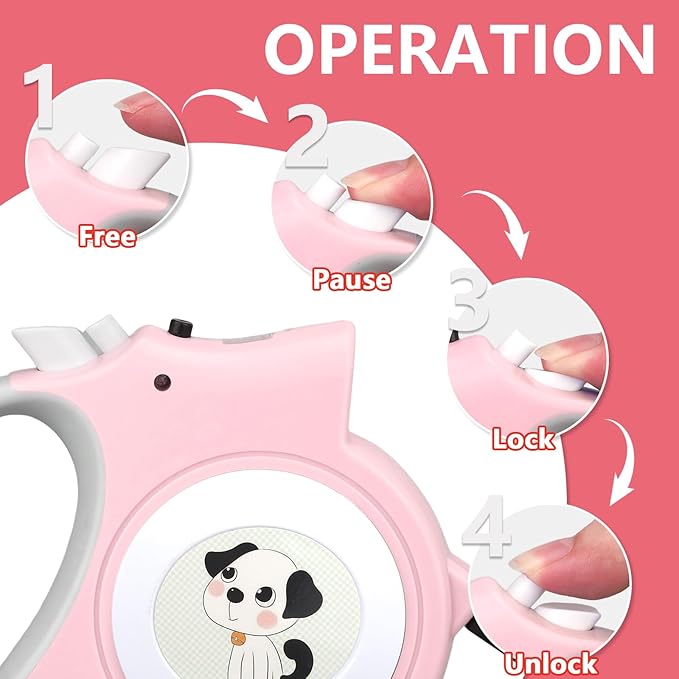 Retractable Dog Leash with LED Light Makife 5m Extendable Dog Lead for Small Medium Puppis up to 25kgs, One-Hand Brake & Lock System, Ergonomic Handle - Light Pink