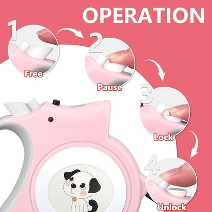 Retractable Dog Leash with LED Light Makife 5m Extendable Dog Lead for Small Medium Puppis up to 25kgs, One-Hand Brake & Lock System, Ergonomic Handle - Light Pink