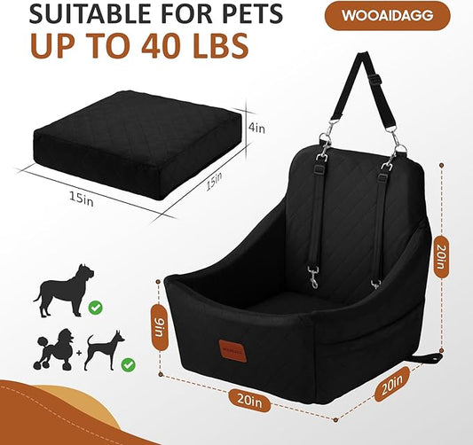 WOOAIDAGG Dog Car Seat for Medium Sized Dog,Pet Travel Car Bed with Seat Belt Channle,Fully Detachable and Washable Car Dog Seat with Adjustable Straps,3 Straps Easy to Install (Black)