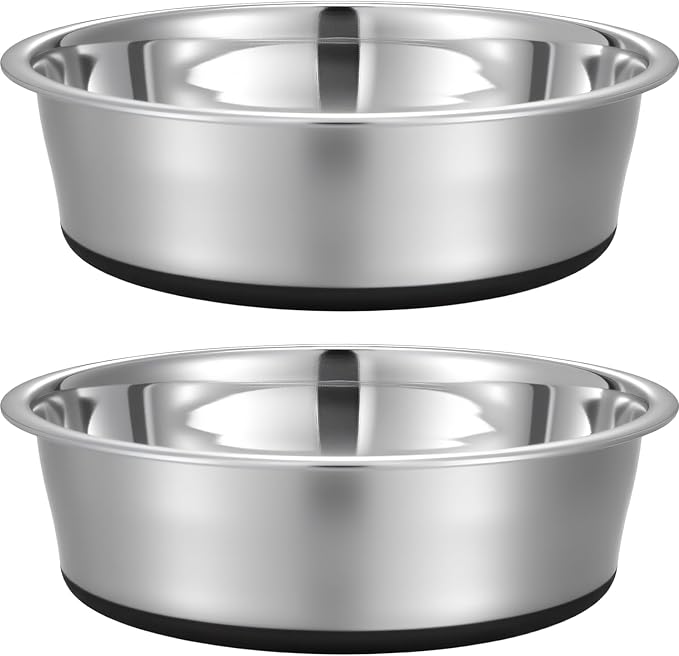 11 Cup Stainless Steel Dog Bowls Set of 2 for Food and Water, Silicone Base Anti-Slip, Rust Resistant, Extra Thick Metal Bowls for Medium Dogs, Black