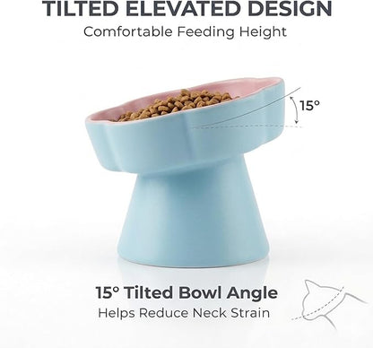 Ceramic Elevated Slow Feeder Cat Bowl, Raised and Gently Tilted Feeding Dish with Maze Design, Whisker-Friendly, Easy to Clean, for Indoor Cats and Small Dogs (Blue/Pink)