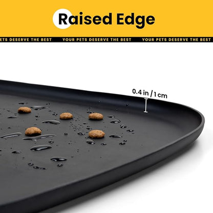 Silicone Dog Food Mat with Side Pocket & Hook Hole, Soft Raised Edges, Easy Clean Waterproof Non-Slip Pet Feeding Mat for Cats and Dogs Water Bowl, Pets Accessories(18"x12",Black)