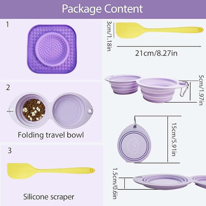 Dog Lick Bowl Mat Purple, Anxiety Relief Lick Mat for Pets, Silicone Slow Feeder Mat, Dishwasher Safe - Collapsible Dog Water Bowl