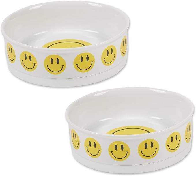 Bone Dry Ceramic Food Bowls, Non-Slip & Dishwasher Safe, Large Set, 7.5x2.4, Smiley Face, 2 Count