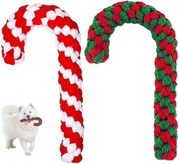 2PCS Candy Cane Rope Toys,Cotton Rope Toys and Christmas Decoration,Christmas Chew Toys for Puppy Small Pet Medium Large Dog Chewing Teething Clean and Training (red White/Green red)
