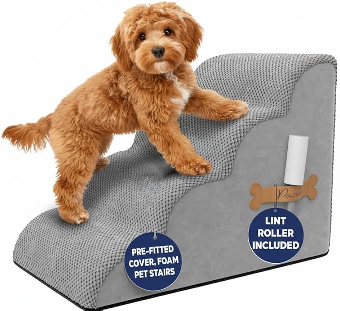 PAWZY Dog Stairs for Bed & Couch, 4-Step Foam Pet Steps 20” High for Small Dogs & Cats up to 60 lbs, Wide Non-Slip Stairs, Waterproof Washable Zipper Cover, No Assembly, Grey