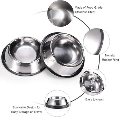 Stainless Steel Dog Bowls, Food and Water Non Slip Anti Skid Stackable Pet Puppy Dishes for Small, Medium and Large Dogs (2 Pack)