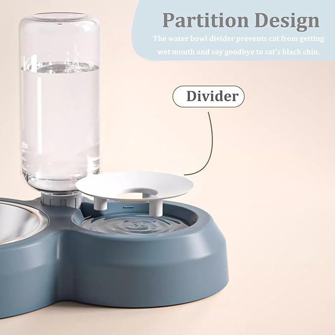 Double Dog Cat Bowls, Pets Food and Water Bowl Set with Automatic Water Dispenser and Stainless Steel Bowl Silicone Dog Bowl Mat, Gravity Feeder for Cats and Small Dogs Puppies (Blue)