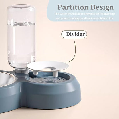Double Dog Cat Bowls, Pets Food and Water Bowl Set with Automatic Water Dispenser and Stainless Steel Bowl Silicone Dog Bowl Mat, Gravity Feeder for Cats and Small Dogs Puppies (Grey)
