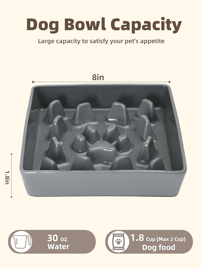 GDCZ Dog Slow Feeder Bowls, Square Ceramic Pet Food Bowl for Medium Breed, Fun Dog Bowls to Slow Down Eating (Grey, M-1.8 Cups)