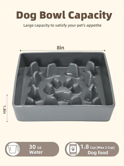 GDCZ Dog Slow Feeder Bowls, Square Ceramic Pet Food Bowl for Medium Breed, Fun Dog Bowls to Slow Down Eating (Grey, M-1.8 Cups)