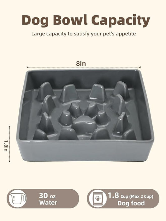 GDCZ Dog Slow Feeder Bowls, Square Ceramic Pet Food Bowl for Medium Breed, Fun Dog Bowls to Slow Down Eating (Grey, M-1.8 Cups)