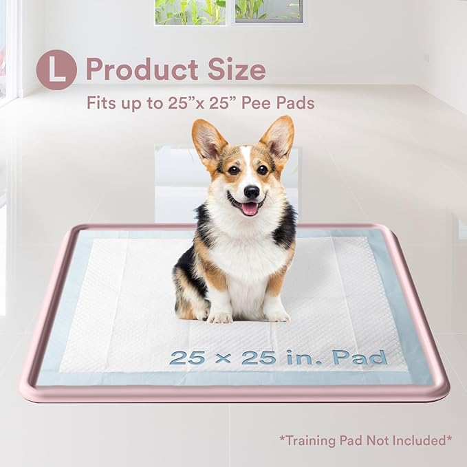 Pee Pad Tray Holder for Dogs - Fits Up to 25 x 25 in. Square Potty Training Pads No Spill Raised Lip High Edge Silicone Mat, Extra Thick and Non-Slip for Indoor Floor Protection (Large, Pink) | eenk