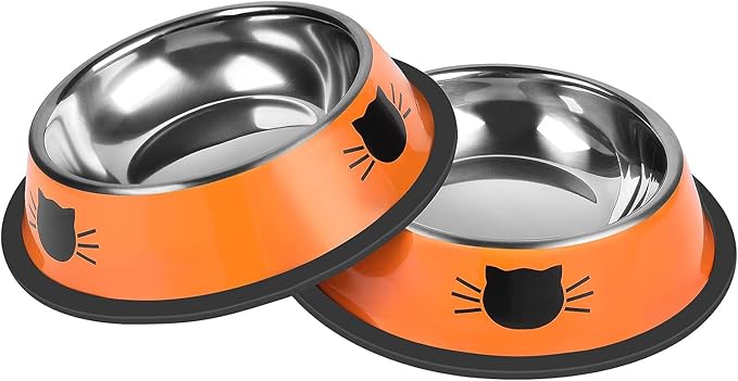 Serentive 2 Pcs Non-Slip Stainless Steel Small Cat Food Bowls - Unbreakable, Thicken 7 Oz Cat Dishes - Indoor, Removable Rubber Base, Easily Clean, Lovely Color