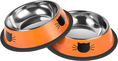 Serentive 2 Pcs Non-Slip Stainless Steel Small Cat Food Bowls - Unbreakable, Thicken 7 Oz Cat Dishes - Indoor, Removable Rubber Base, Easily Clean, Lovely Color
