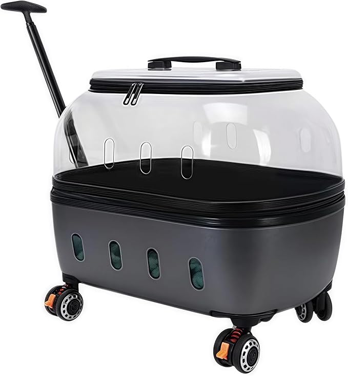 Pet Carrier with Wheels, 360° Rotating Castors, Foldable Dog & Cat Travel Suitcase, Portable and Breathable Pet Carrier with Transparent Window and External Handle Gray