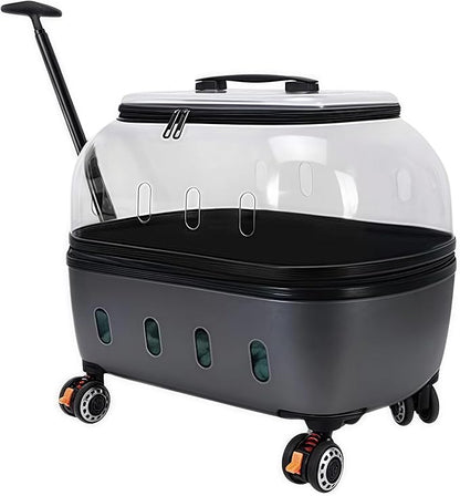 Pet Carrier with Wheels, 360° Rotating Castors, Foldable Dog & Cat Travel Suitcase, Portable and Breathable Pet Carrier with Transparent Window and External Handle Gray