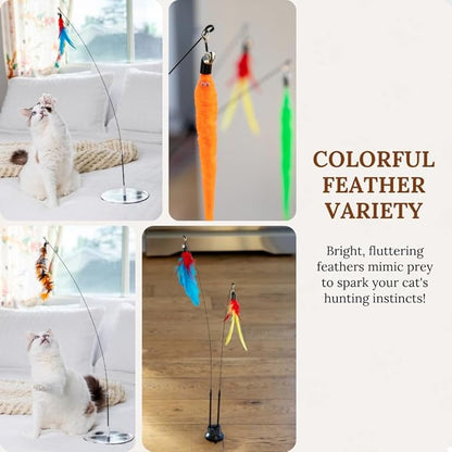 Interactive Cat Toys for Indoor Cats - 6 Feathers 3 Worms Double Sided Suction Cup - Round Base Teaser Wand - Self Play Bird Hunting - Bored Adult Feline Solo Activity - Kitten Juguetes para Gatos