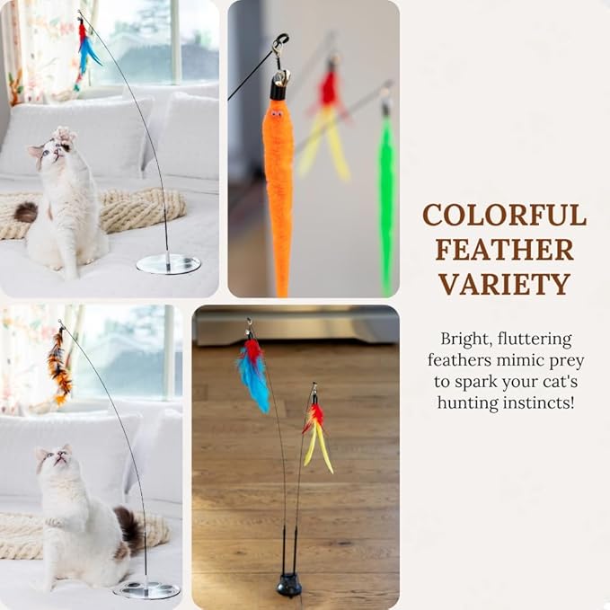 Cat Wand Toy for Indoor Cats - 43 Inch Retractable Fishing Pole Teaser - 9 Feather Attachments - Weighted Round Base - Suction Cup Mount - Bored Adult Feline Hunting Exercise - Kitten Juguetes Set