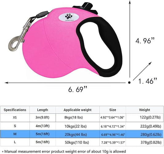 16 ft Retractable Dog Leash for Large Dogs up to 44 lbs,Tangle-Free Nylon Tape,Pink M