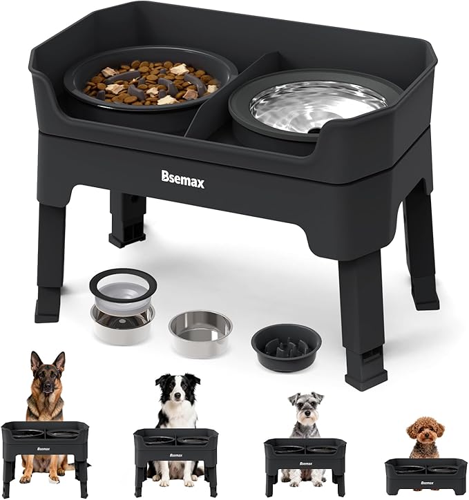 4 in 1 Adjustable Elevated Dog Bowls with 2*Stainless Steel Bowls, Anti-Spill Water Bowl, 4 Heights Raised Dog Bowl Stand for Small to Medium & Growing Large Puppies, Anti-Slip, Mess Proof Design