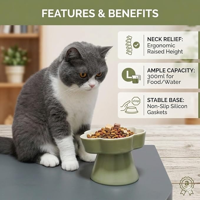 Ceramic Elevated Slow Feeder Cat Bowl, Raised and Gently Tilted Feeding Dish with Maze Design, Whisker-Friendly, Easy to Clean, for Indoor Cats and Small Dogs (Green/Ivory)