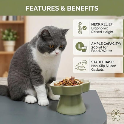 Ceramic Elevated Slow Feeder Cat Bowl, Raised and Gently Tilted Feeding Dish with Maze Design, Whisker-Friendly, Easy to Clean, for Indoor Cats and Small Dogs (Green/Ivory)
