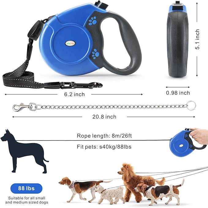 Idepet Heavy Duty Retractable Dog Leash for Small and Medium Dogs, Anti-Chewing Steel Chain Design,360 DegreeTangle-Free,Break and Lock System,26ft Leash Dog Walking (Blue, Round Rope)