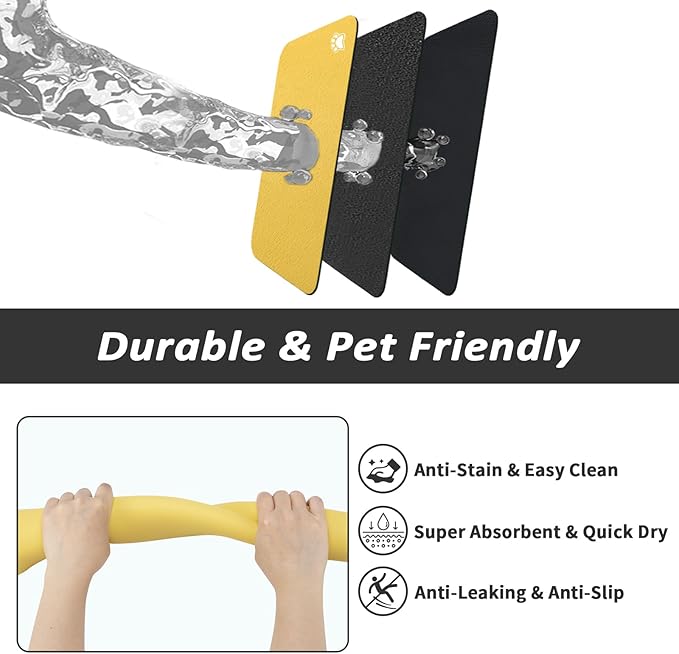 Dog Food Mat - Absorbent Cat Mat for Food and Water, No Stains Pet Feeding Bowl Mat, Easy to Clean Pet Placemats, Quick Dry Dog Water Dispenser Mat for Messy Drinkers | Paw Yellow 18"x34"