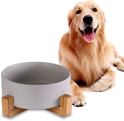 Ceramic Dog Bowl with Bamboo Stand - Large Dog Dish for Food and Water - Heavy Weighted, No Tip Over - 8.4" Diameter - Grey