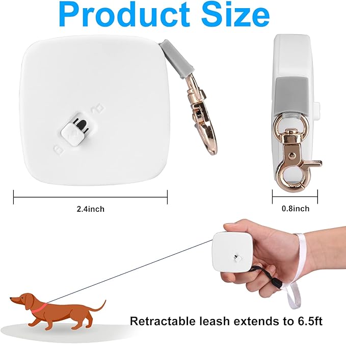 Retractable Dog Leash for Small Dogs Cats up to 11lbs with 6.5ft Anti-Pull Strong Nylon Tape, Hands Free, Mini and Portable Walking Leash with Wrist Strap, One-Hand Brake, White Square