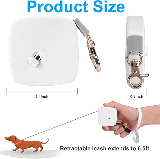 Retractable Dog Leash for Small Dogs Cats up to 11lbs with 6.5ft Anti-Pull Strong Nylon Tape, Hands Free, Mini and Portable Walking Leash with Wrist Strap, One-Hand Brake, White Square