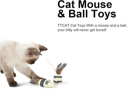 TTcat Cat Toys Set with Paper Rope & Feathers Ball and Mouse 2 Pack, Interactive Toys for Indoor Cats and Kittens.