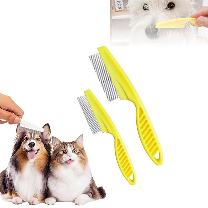 Multifunctional Pet Comb,2PCS New Pet Hair Removal Flea Comb for Dogs Cats,Grooming Brush Fine Magic Knot Remover,Fine-Tooth Stainless Cleaning Massage Brush for Puppies (Yellow)