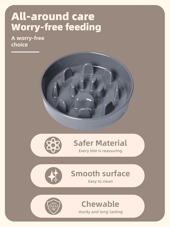Dog Slow Feeder Bowl, Round Ceramic Pet Food Bowl for Medium Breed, Fun Raised Dog Bowls to Slow Down Eating (Grey)