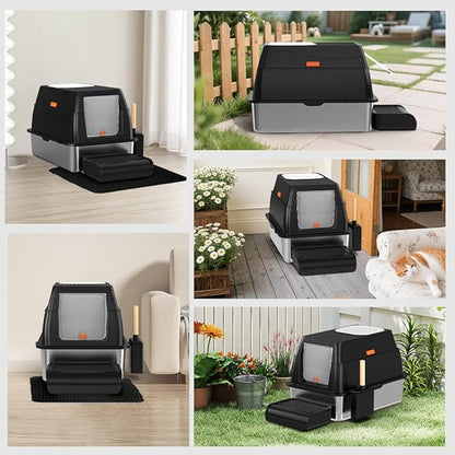 SZEE XL Stainless Steel Litter Box with Lid, Extra Large Metal Covered Litter Box, Stainless Box Easy Clean, Activated Charcoal Odor Control Design, Includes Litter Scoop & Mat & Step, Black